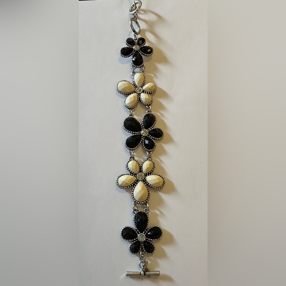 Elegant Black and Cream Floral Bracelet 8” Toggle Clasp